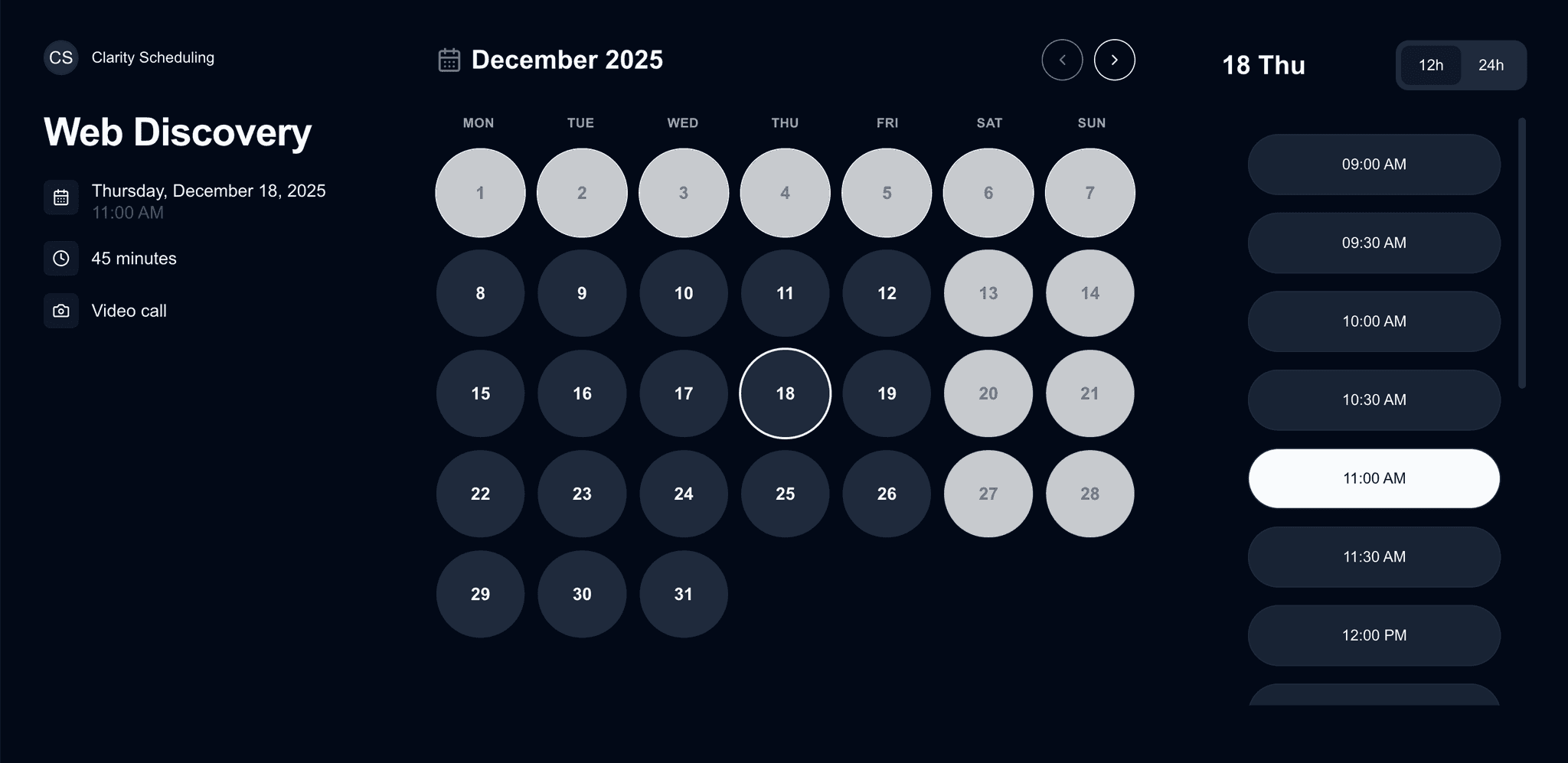 Clarity Booking Page